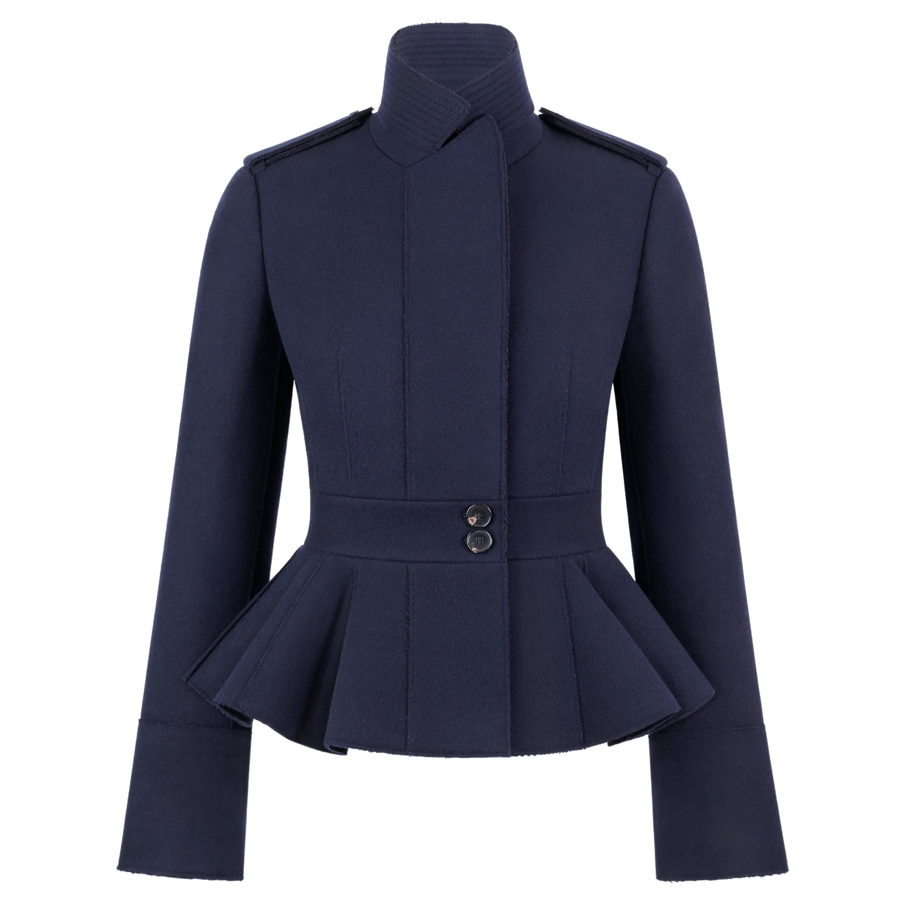 Alexander McQueen Pre-Fall 2015 Navy Wool Peplum Military Style Blazer  Jacket