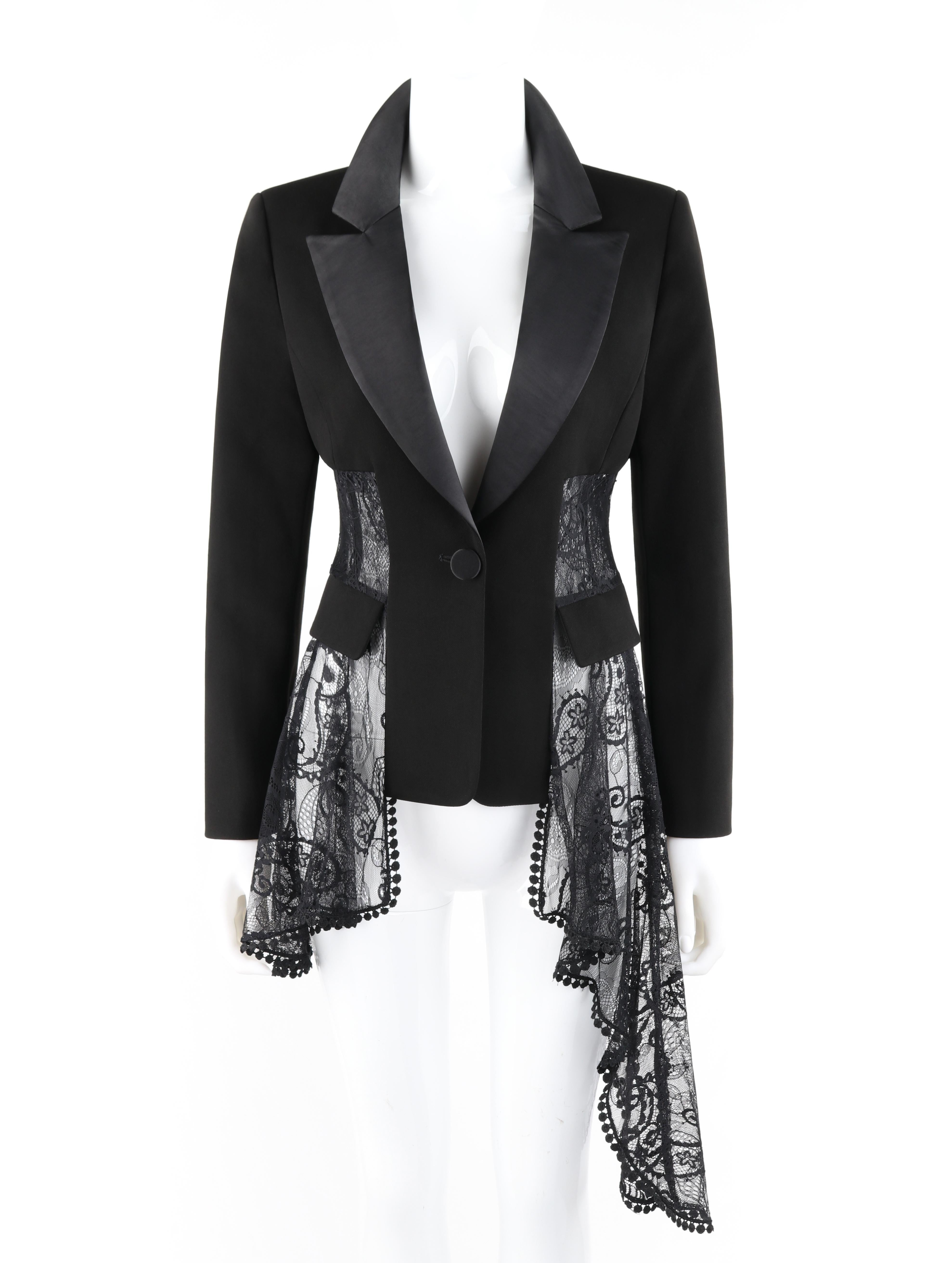 ALEXANDER McQUEEN Pre Fall 2018 Black Lace Asymmetric Tuxedo Blazer Dress Jacket

Brand / Manufacturer: Alexander McQueen
Collection: Pre Fall 2018- Runway look #29
Designer: Sarah Burton 
Style: Tuxedo blazer dress jacket
Color(s): Black
Lined: