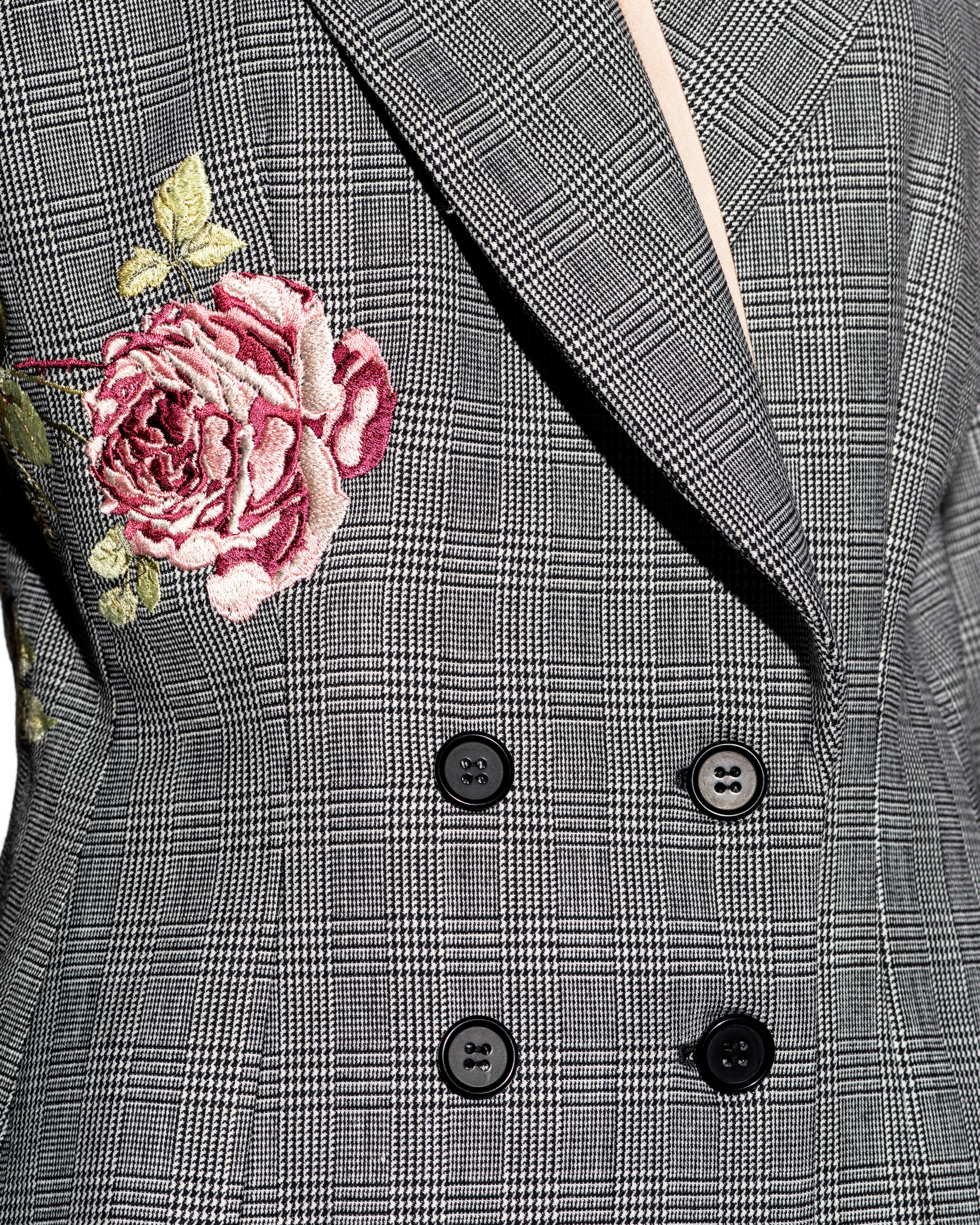 Gray Alexander McQueen Prince of Wales checked suit with rose embroidery, fw 1997 For Sale