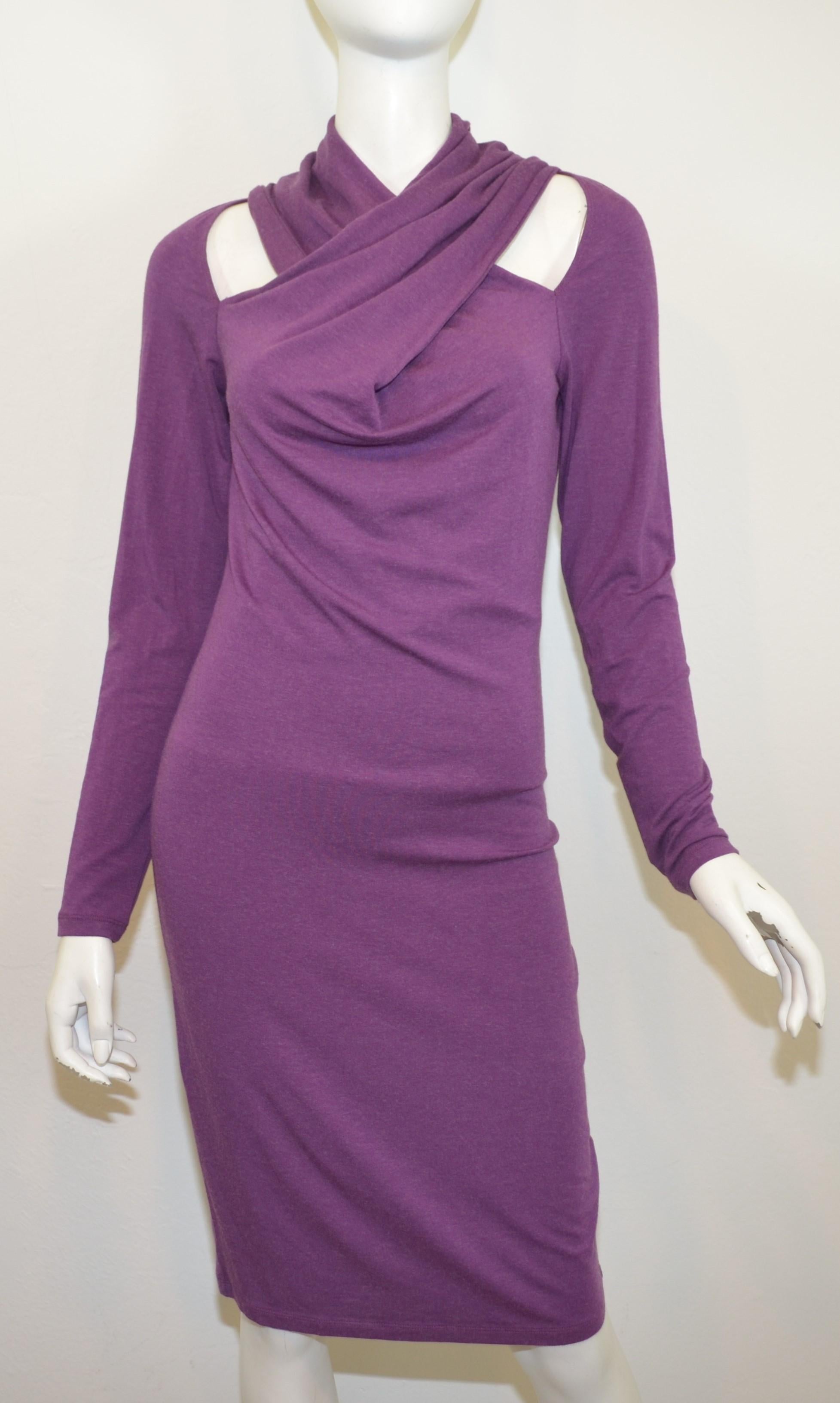 Alexander McQueen Purple Dress with Cut Out Shoulders -- dress features a crossover neckline with cold shoulder cutouts. Dress is new with tags and is labeled a size medium. Made in Italy.

Measurements: (dress has stretch to the fabric)
bust 36''