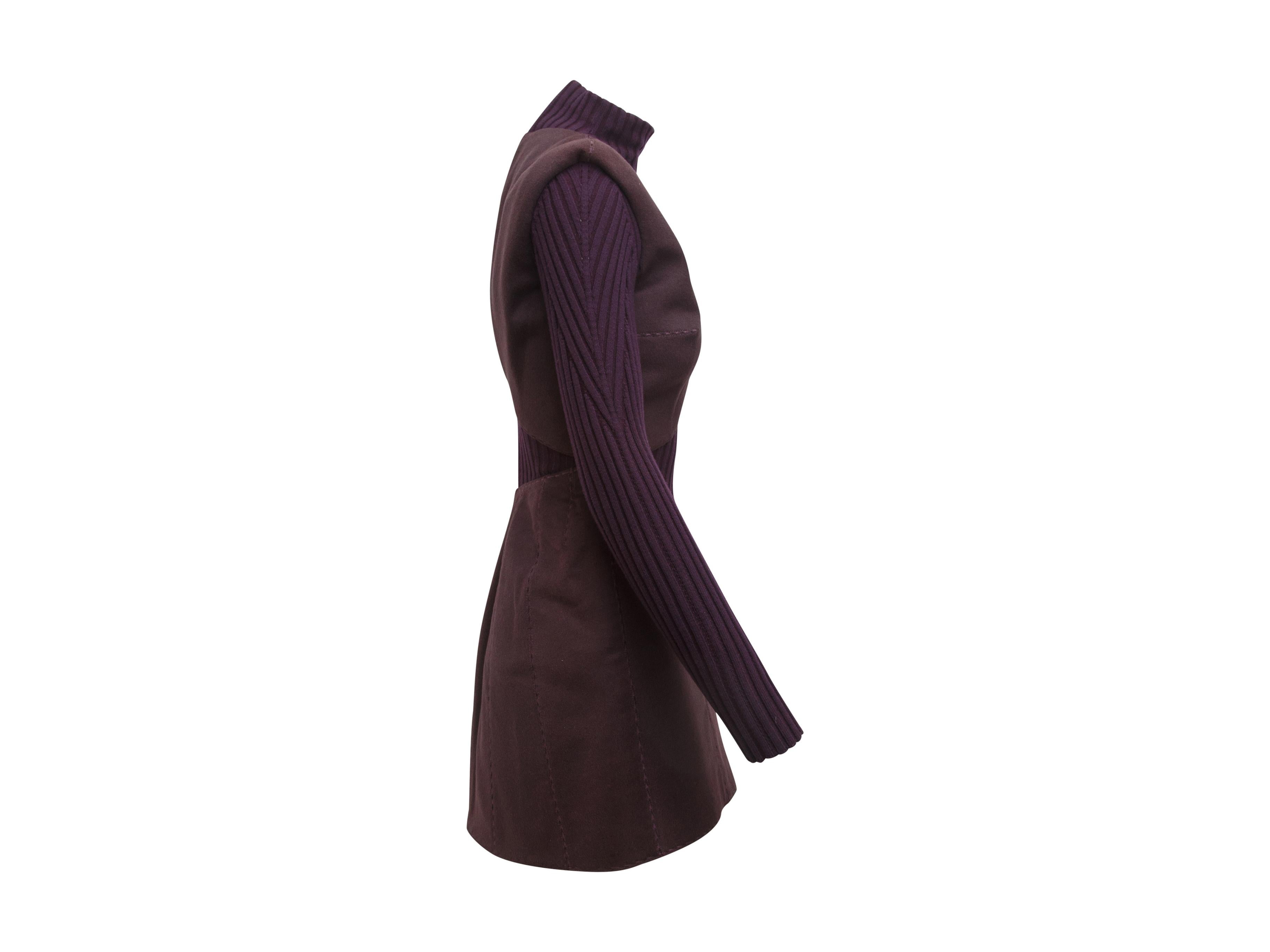 Product details:  Purple ribbed knit and suede dress by Alexander McQueen.  From the fall 2007 collection.  Layered illusion.  Stand collar.  Long sleeves.  Back zip closure.  28