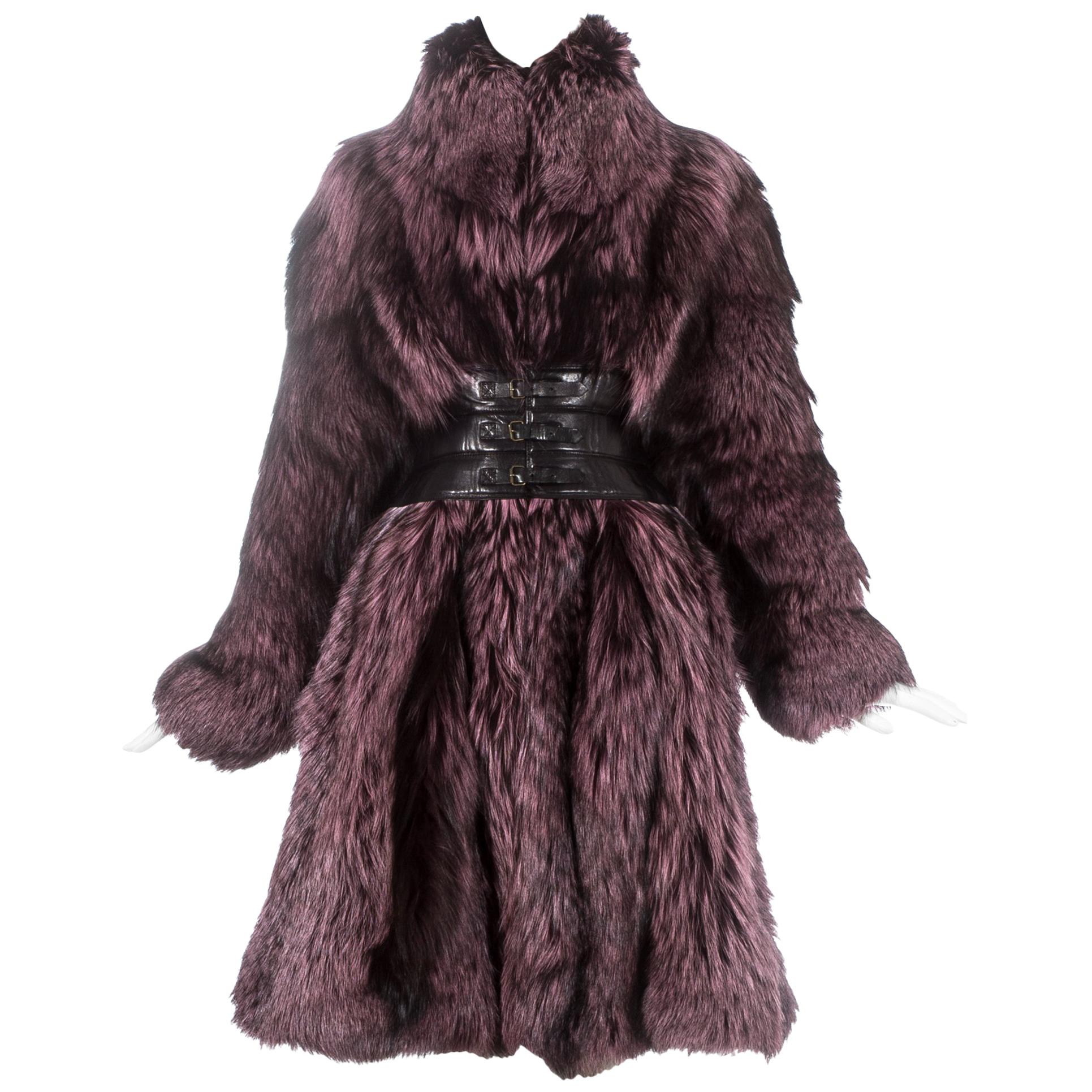 Alexander McQueen purple fox fur coat with black leather corset, fw 2009 For Sale