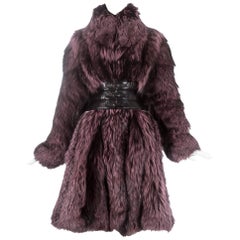 Vintage Alexander McQueen purple fox fur coat with black leather corset, fw 2009