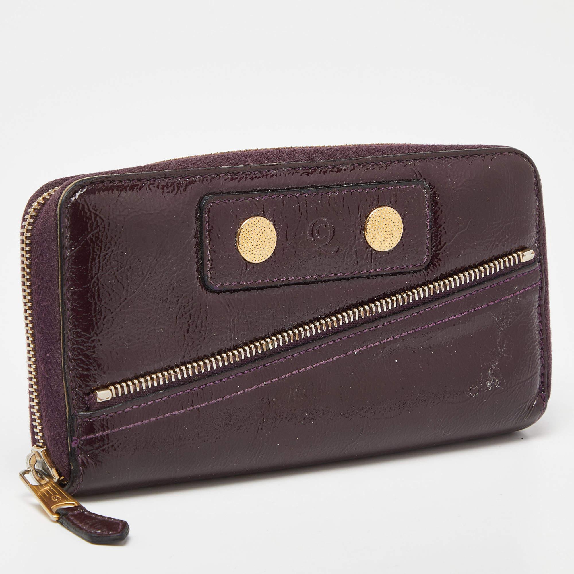 Black Alexander McQueen Purple Patent Leather Zip Around Wallet For Sale