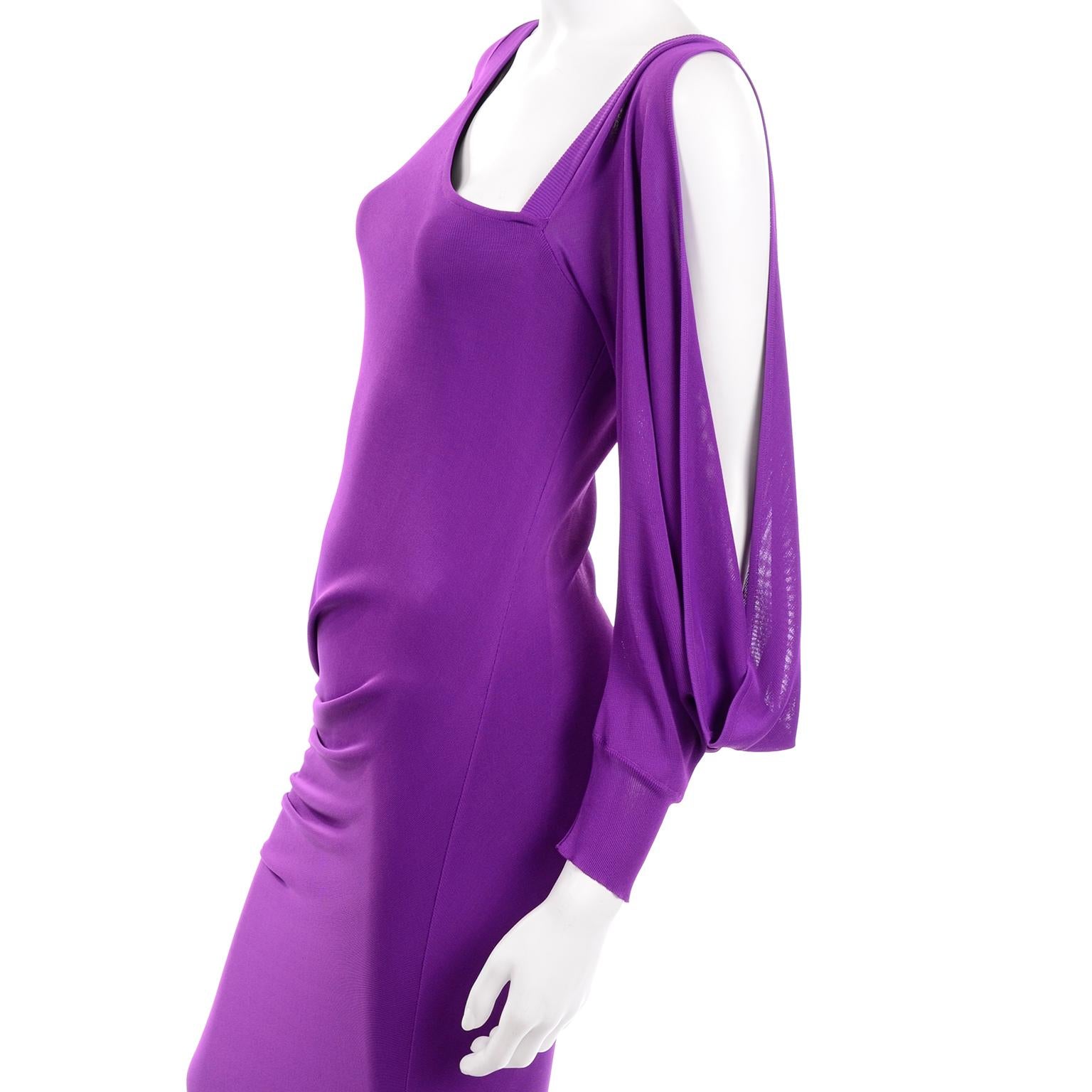 Alexander McQueen Purple Stretch Dress W Asymmetrical Neckline & Split Sleeves 3