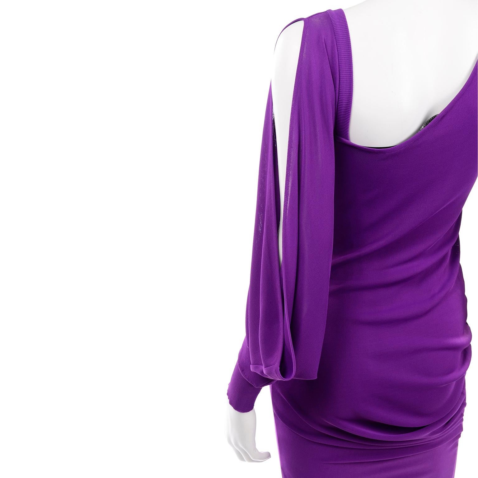 Alexander McQueen Purple Stretch Dress W Asymmetrical Neckline & Split Sleeves 5