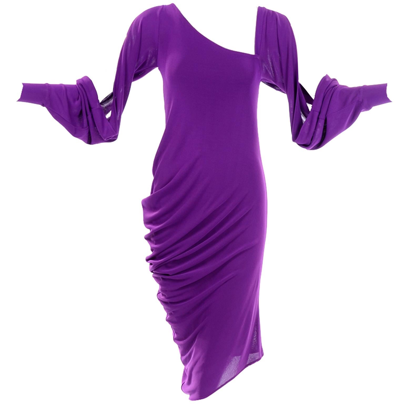 Alexander McQueen Purple Stretch Dress W Asymmetrical Neckline & Split Sleeves 7
