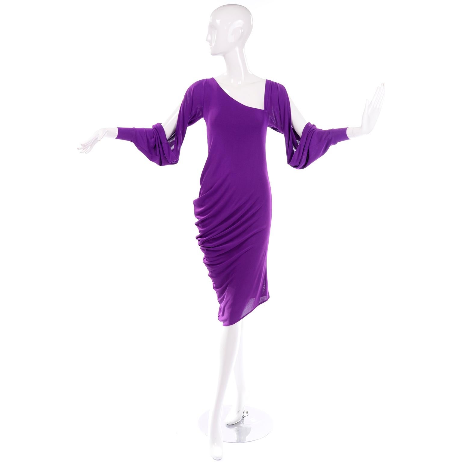 Alexander McQueen Purple Stretch Dress W Asymmetrical Neckline & Split Sleeves In Excellent Condition In Portland, OR