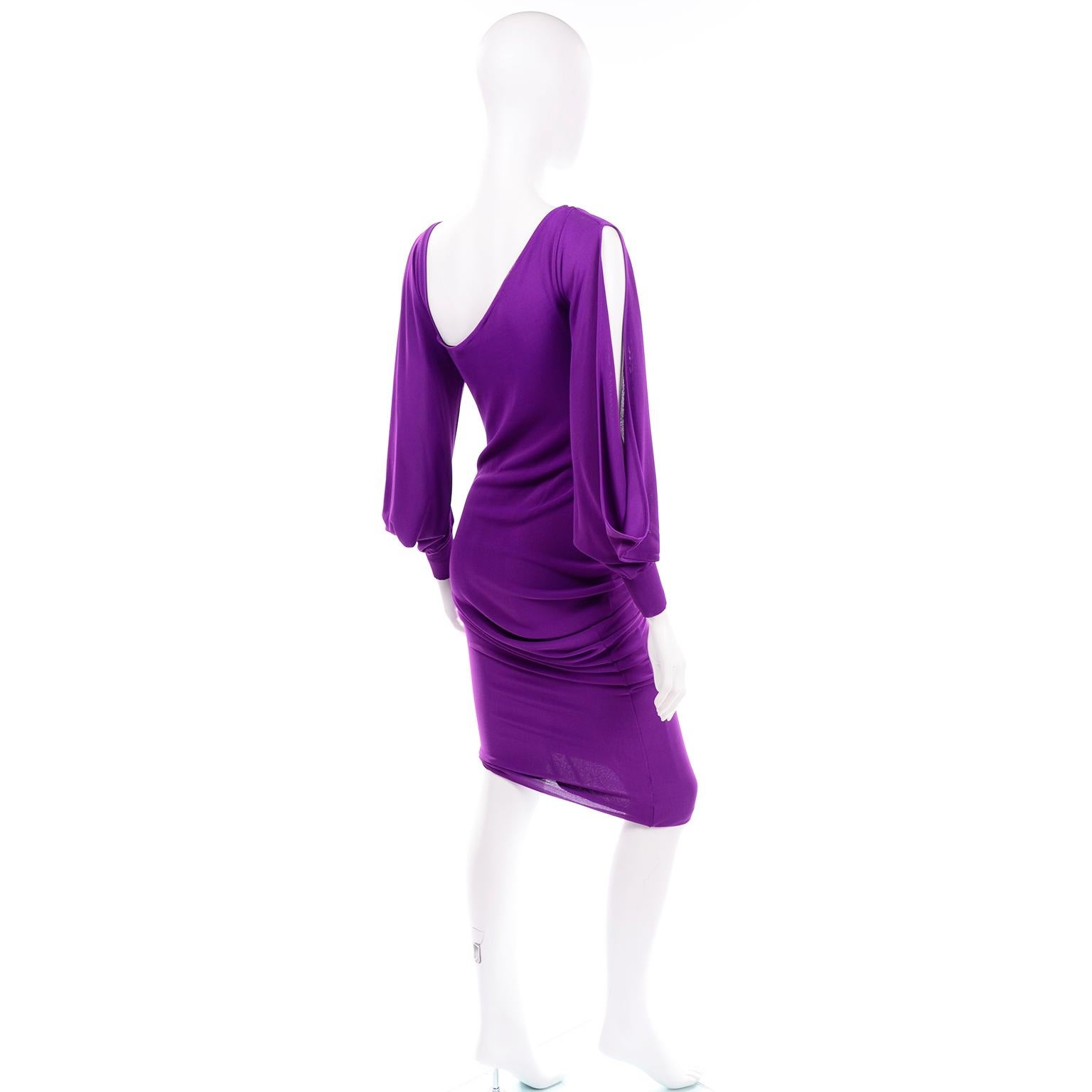 Alexander McQueen Purple Stretch Dress W Asymmetrical Neckline & Split Sleeves 1