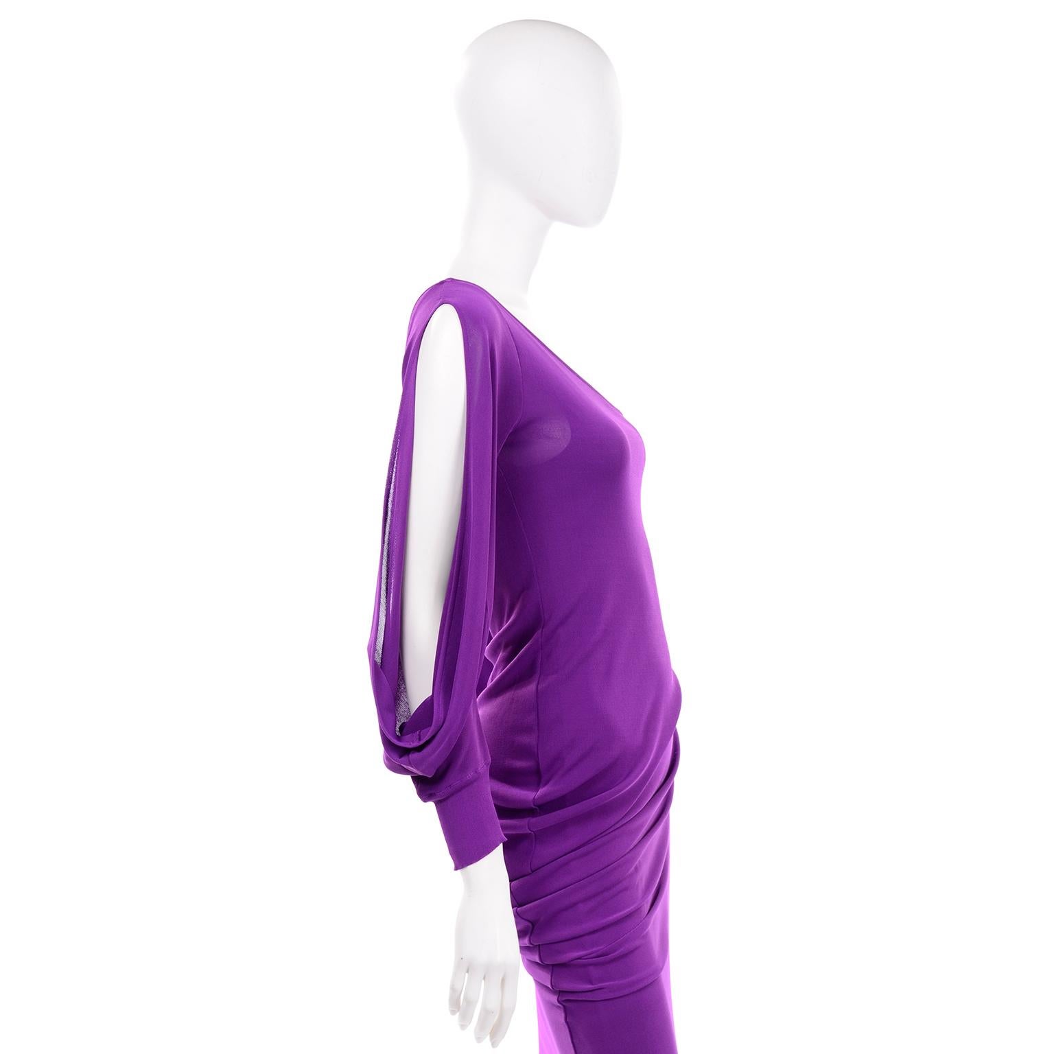 Alexander McQueen Purple Stretch Dress W Asymmetrical Neckline & Split Sleeves 2