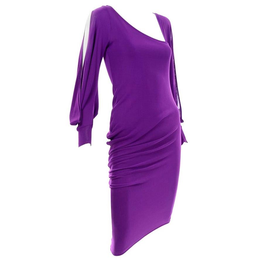 Alexander McQueen Purple Stretch Dress W Asymmetrical Neckline & Split Sleeves