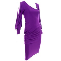 Alexander McQueen Purple Stretch Dress W Asymmetrical Neckline & Split Sleeves