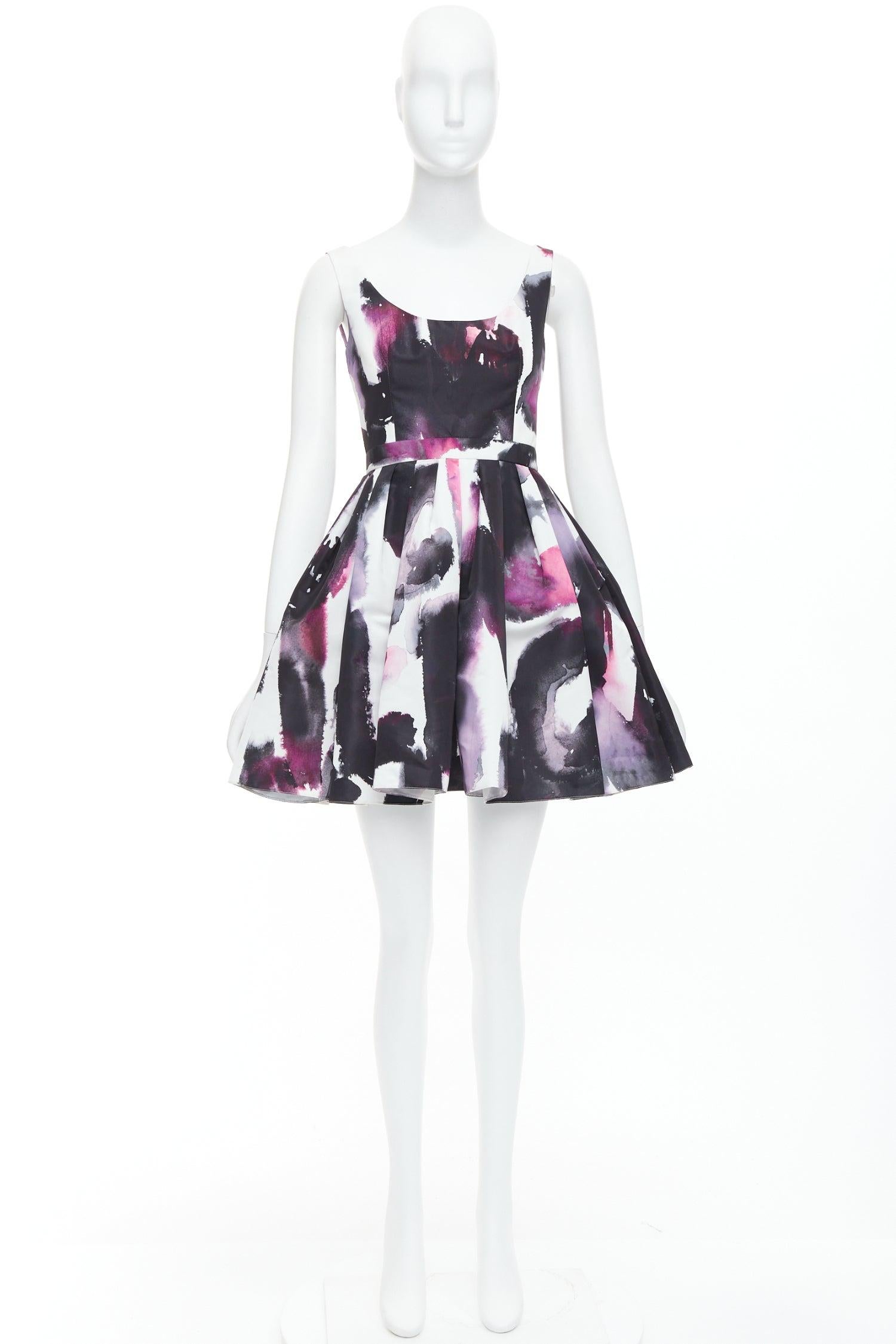 ALEXANDER MCQUEEN purple watercolor Graffiti print flared short dress IT38 For Sale 4