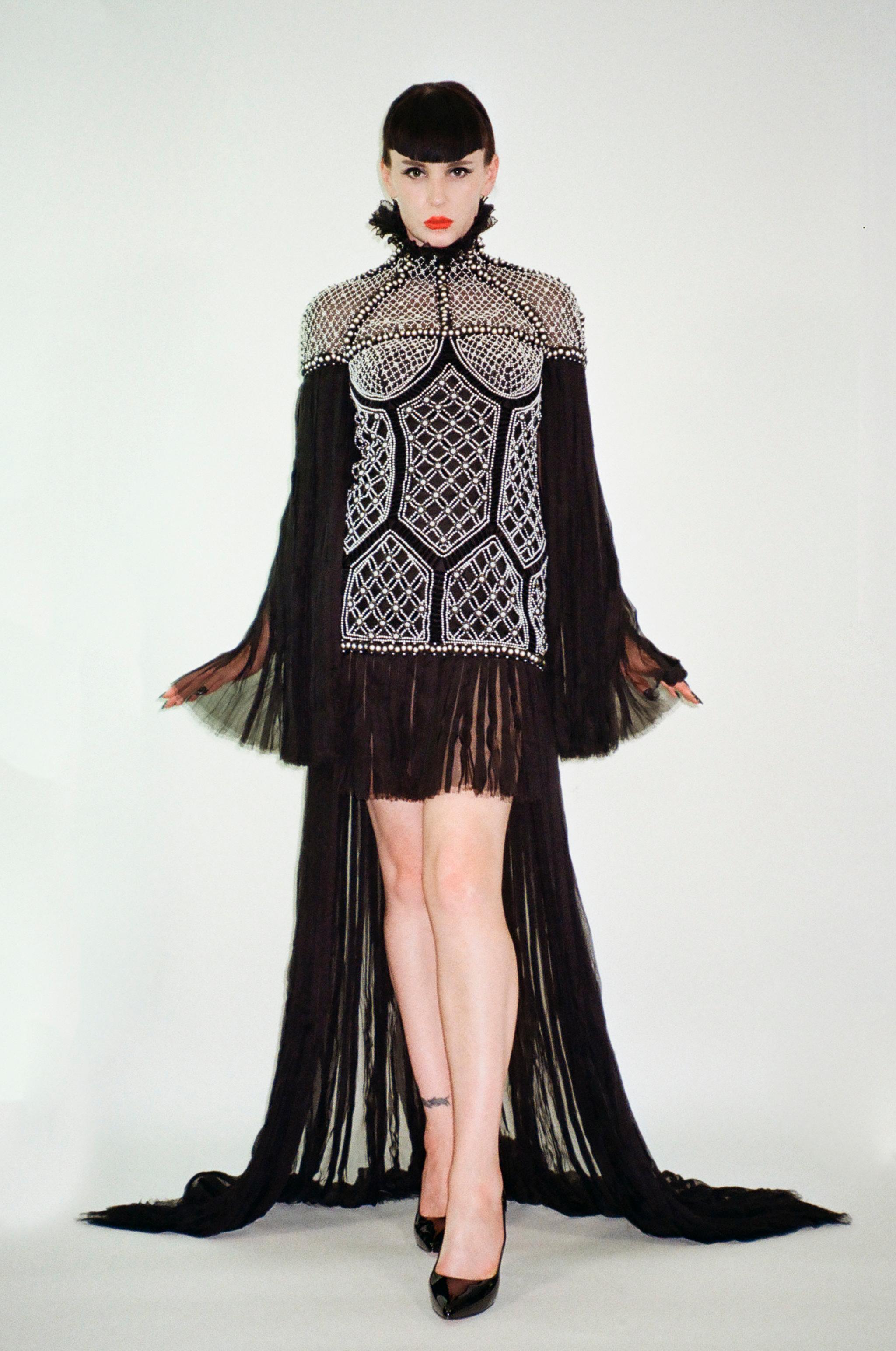 Black ALEXANDER MCQUEEN Rare F/W 2013 Pearl Embellished Silk Chiffon Gown