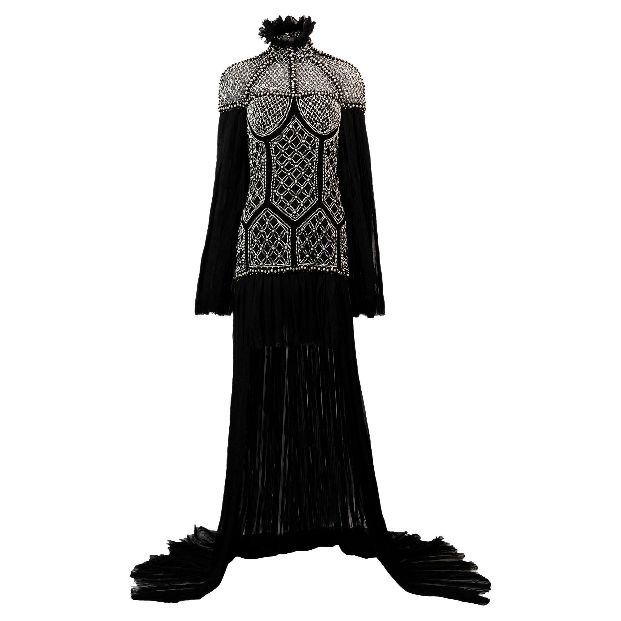 ALEXANDER MCQUEEN Rare F/W 2013 Pearl Embellished Silk Chiffon Gown