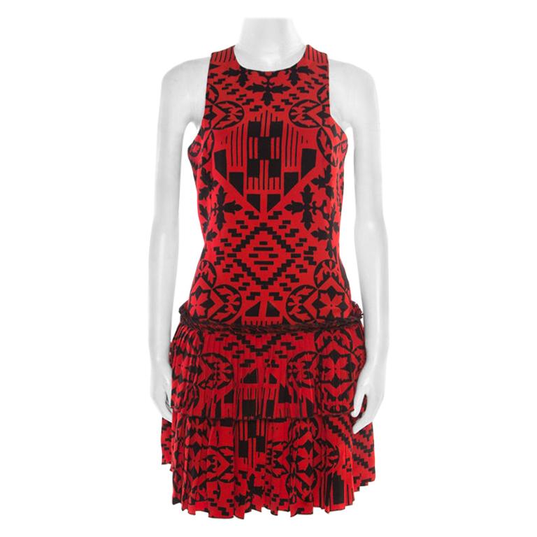 Alexander McQueen Red and Black Printed Tiered Sleeveless Dress S