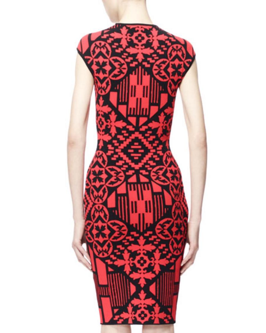 Brown Alexander McQueen Red Black Digital Damask Patchwork Jacquard Brick Mini Dress For Sale