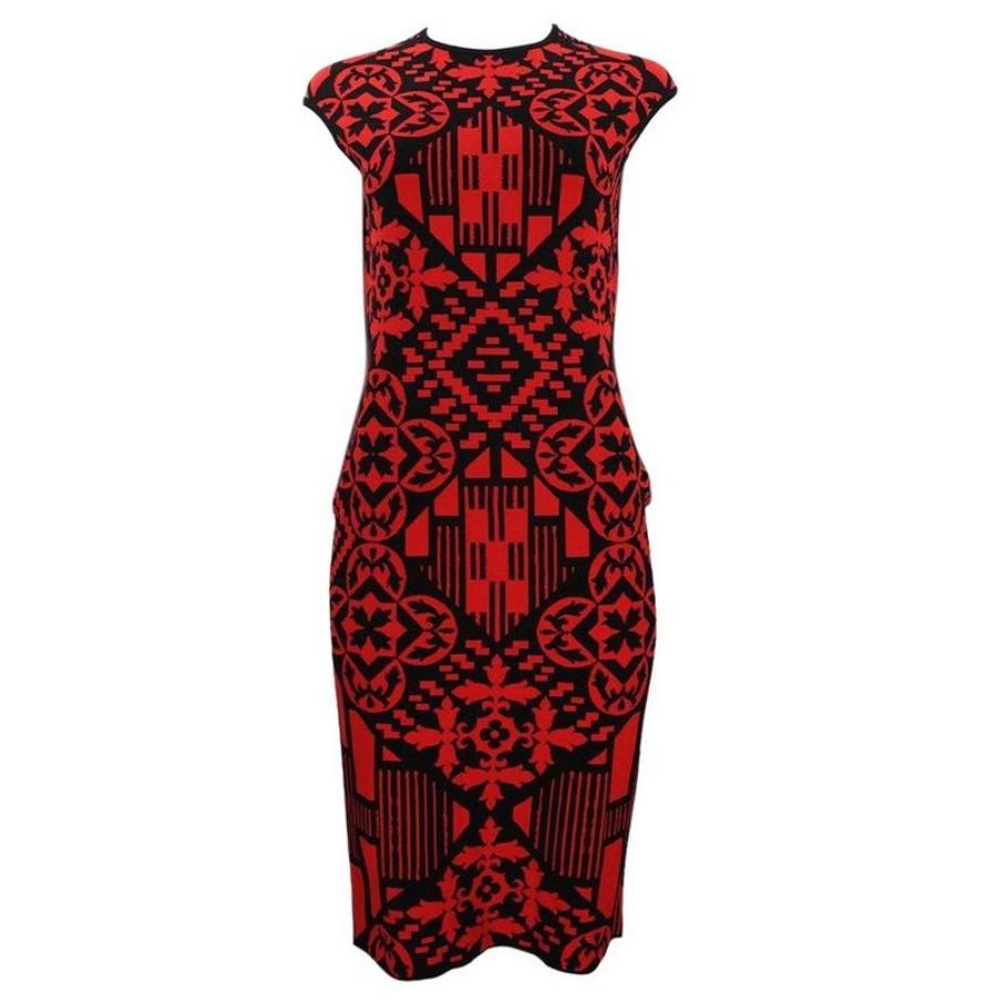 Alexander McQueen Rot-Schwarzes Digitales Damast-Patchwork-Minikleid aus Jacquard mit Ziegeln im Angebot 1