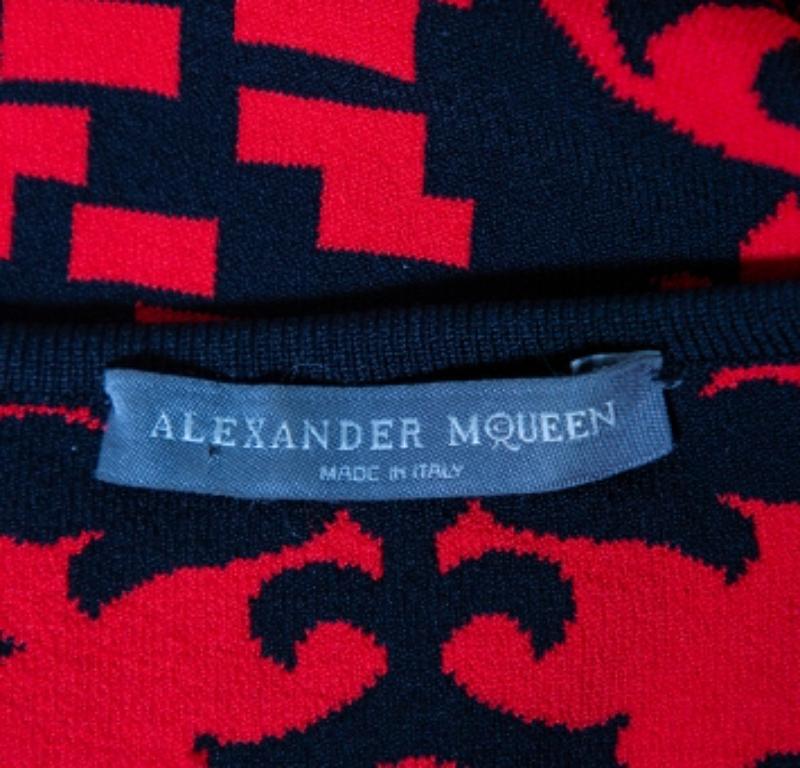 Alexander McQueen Red & Black Jacquard Knit Sheath Dress M For Sale 1