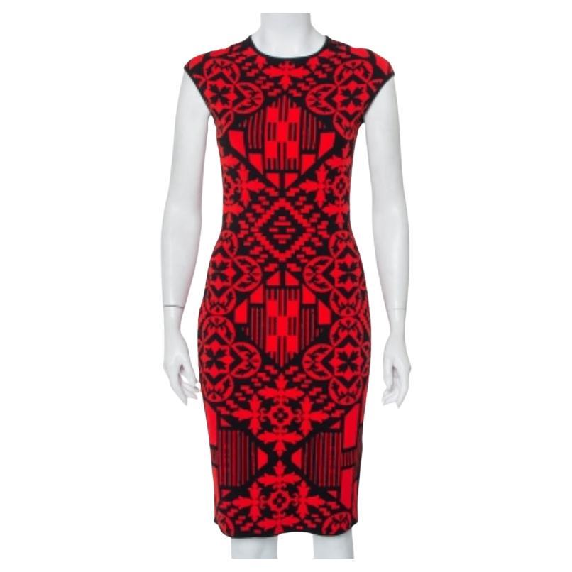 Alexander McQueen Red & Black Jacquard Knit Sheath Dress M For Sale