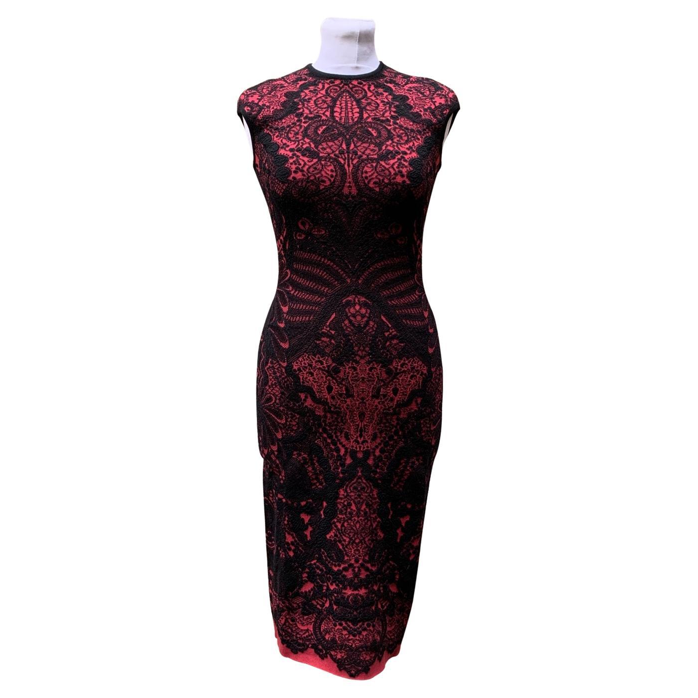 Alexander McQueen Red Black Lace Intarsia Bodycon Dress Size S