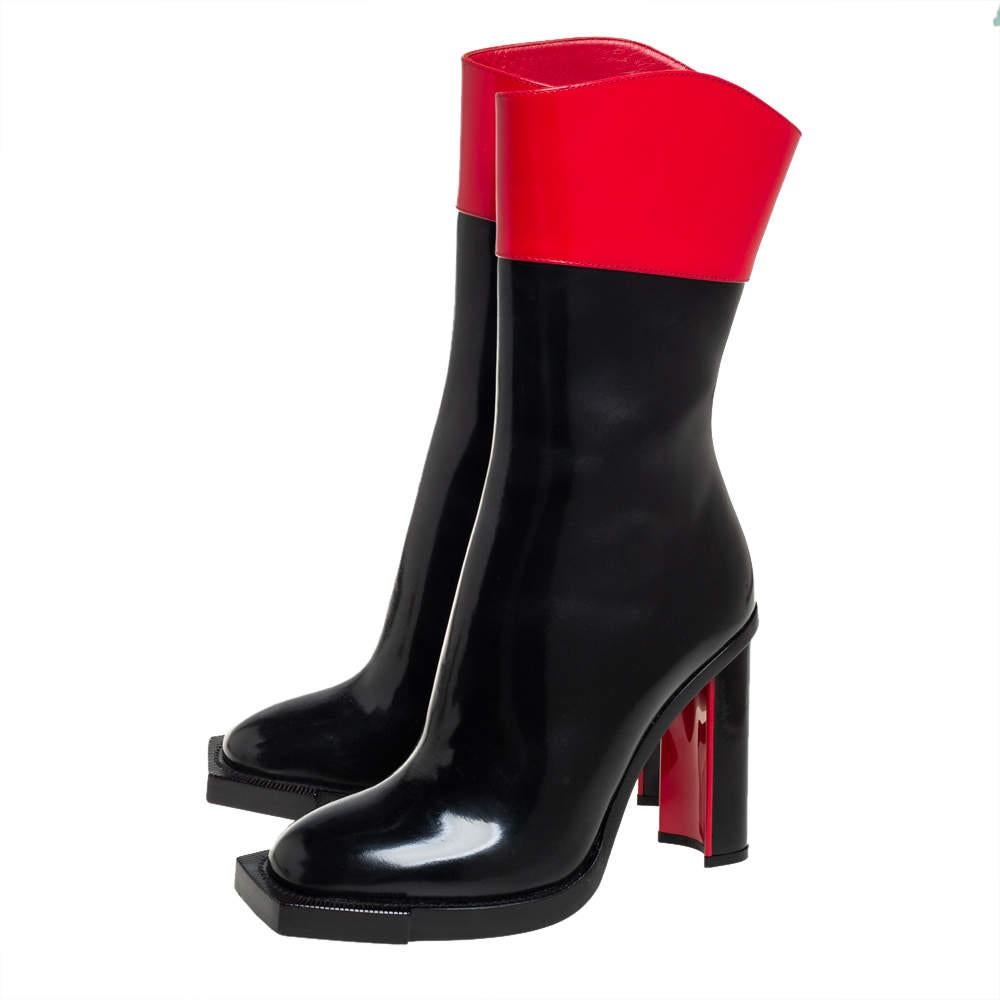 Women's Alexander McQueen Red/Black Patent Leather Calf Length Boots Size 38.5 For Sale