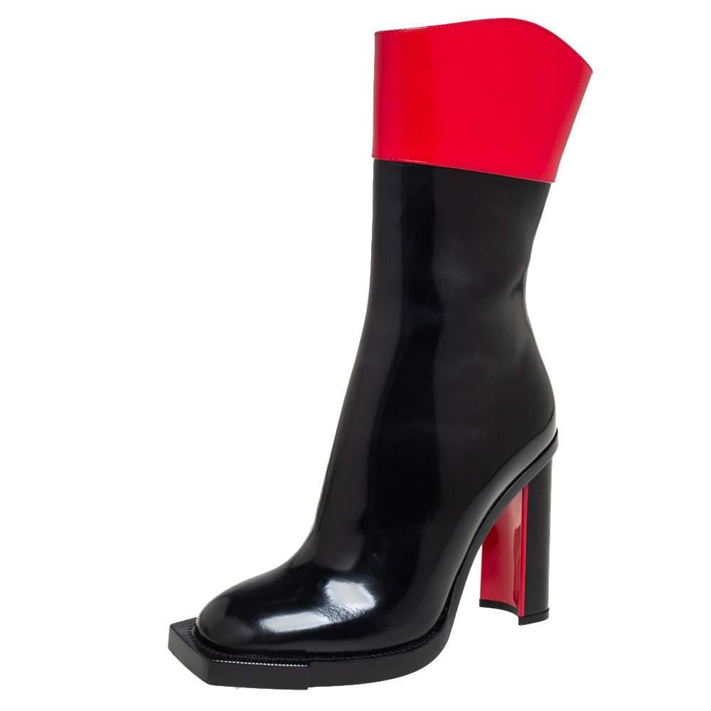 Alexander McQueen Red/Black Patent Leather Calf Length Boots Size 38.5 For Sale 1