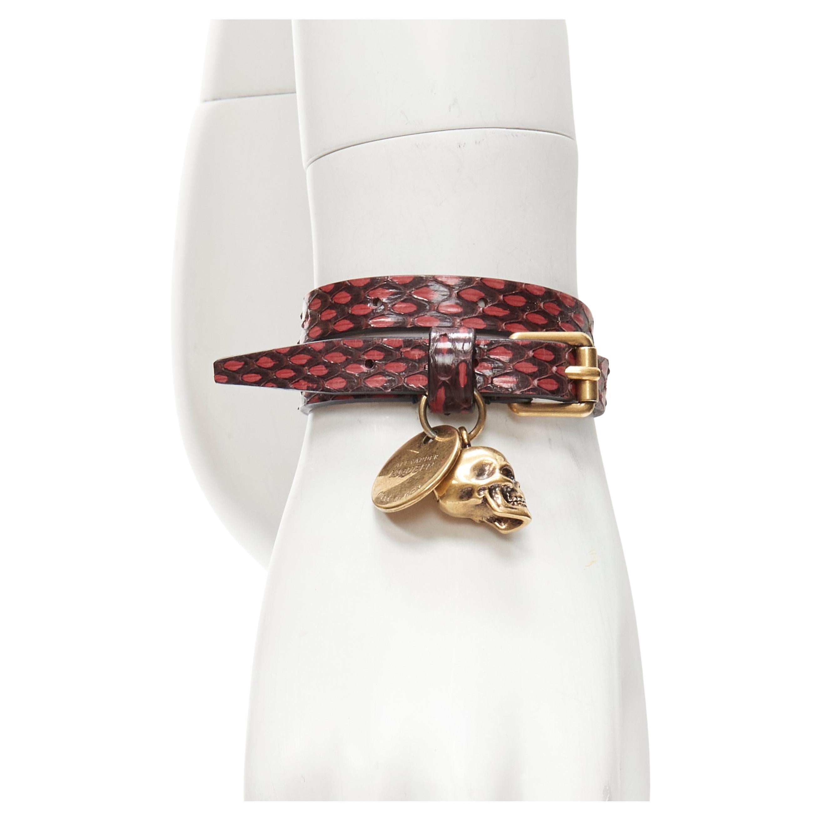 ALEXANDER MCQUEEN red black scaled leather skull charm double wrap bracelet cuff