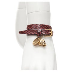 ALEXANDER MCQUEEN red black scaled leather skull charm double wrap bracelet cuff