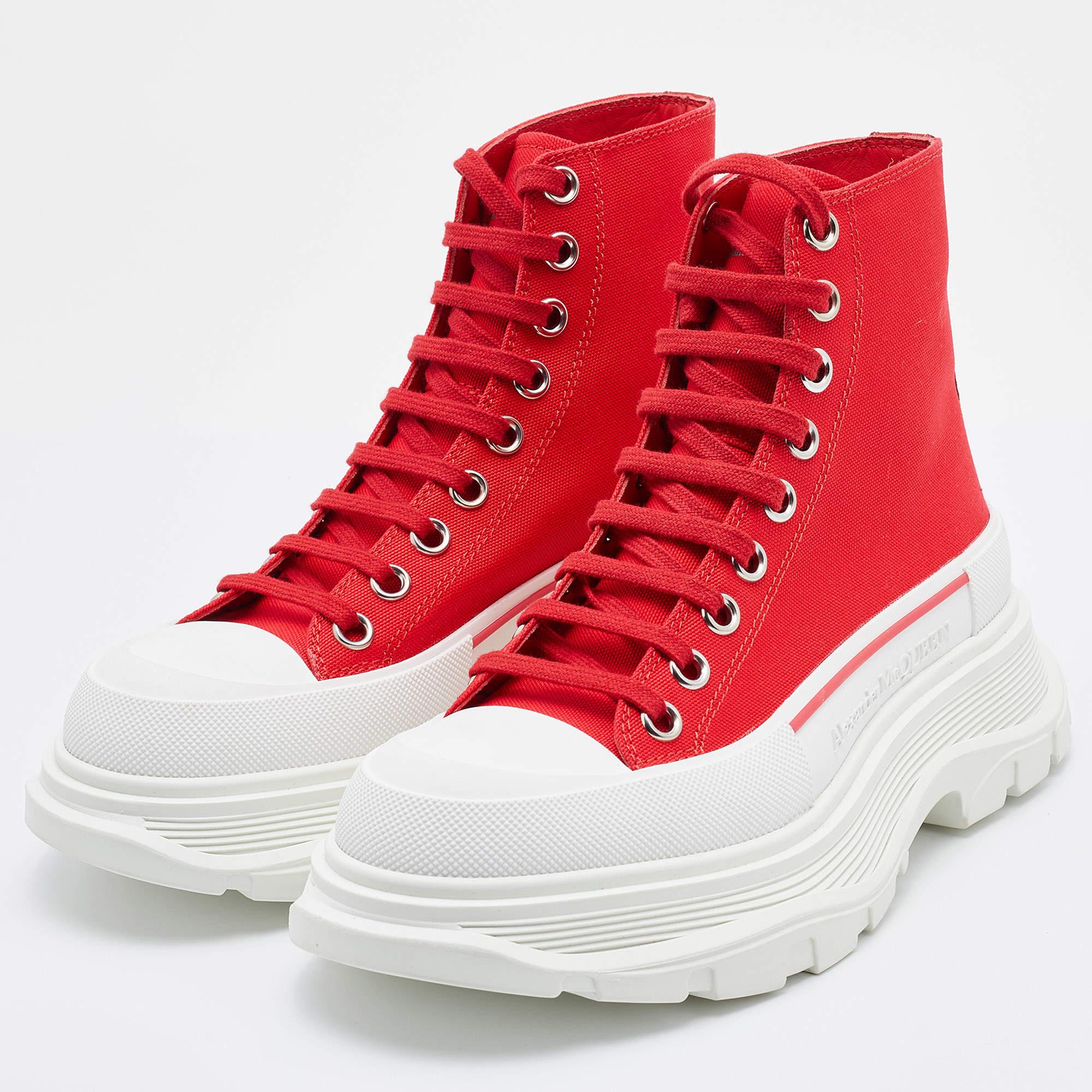 Women's Alexander McQueen Red Canvas Tread Slick High Top Sneakers Size 36