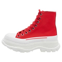 Used Alexander McQueen Red Canvas Tread Slick High Top Sneakers Size 36