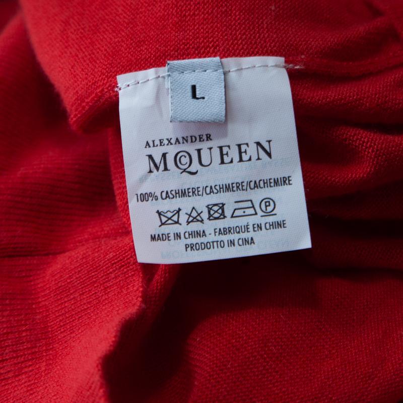 Alexander McQueen Red Cashmere Jacquard Skull Detail V Neck Sweater L 1