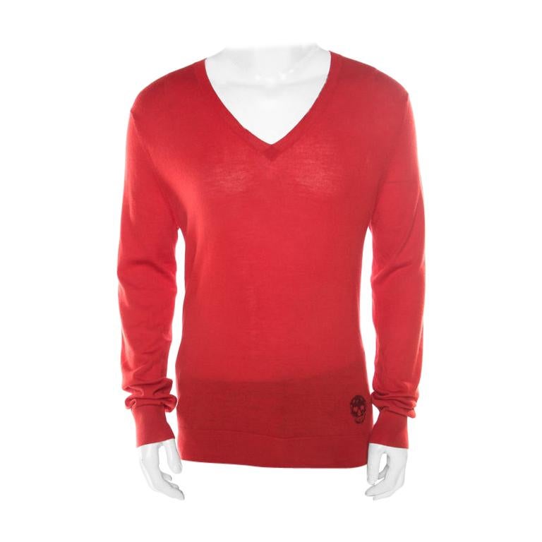 Alexander McQueen Red Cashmere Jacquard Skull Detail V Neck Sweater L