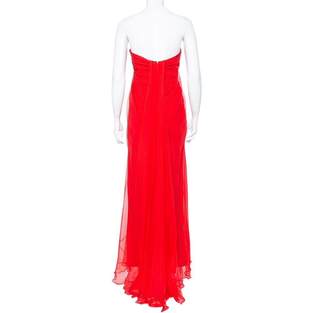 Alexander McQueen Red Chiffon Bustier Detail Strapless Evening Gown M In Good Condition In Dubai, Al Qouz 2