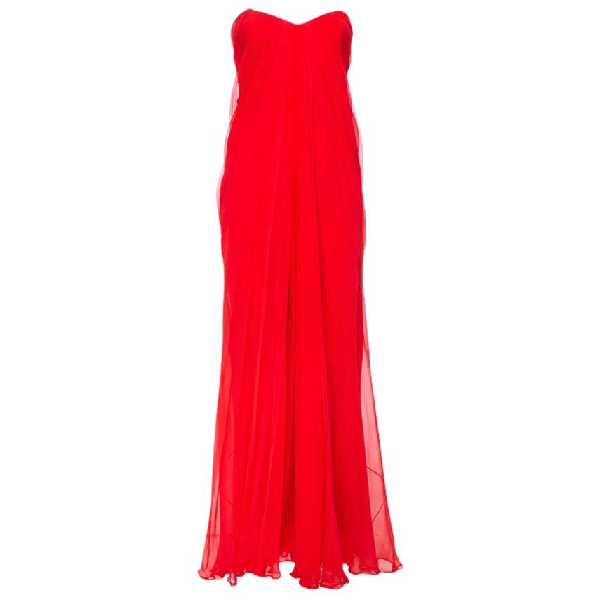 Alexander McQueen Red Chiffon Bustier Detail Strapless Evening Gown M
