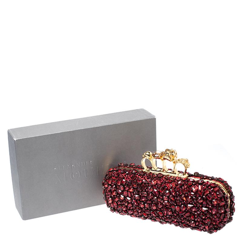 Alexander McQueen Red Crystal Embellished Leather Skull Knuckle Box Clutch 10
