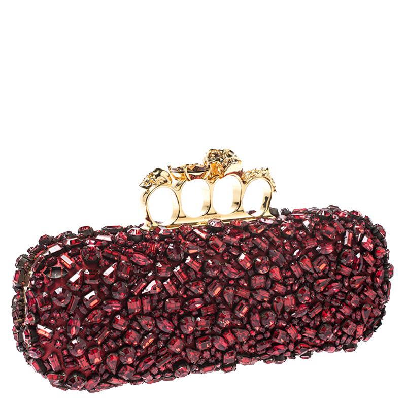 Brown Alexander McQueen Red Crystal Embellished Leather Skull Knuckle Box Clutch