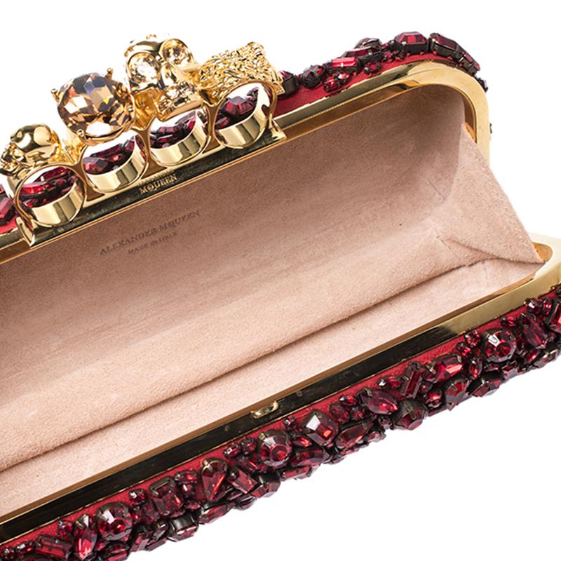 Women's Alexander McQueen Red Crystal Embellished Leather Skull Knuckle Box Clutch