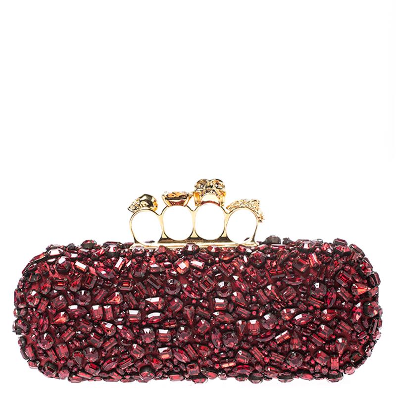 Alexander McQueen Red Crystal Embellished Leather Skull Knuckle Box Clutch 1