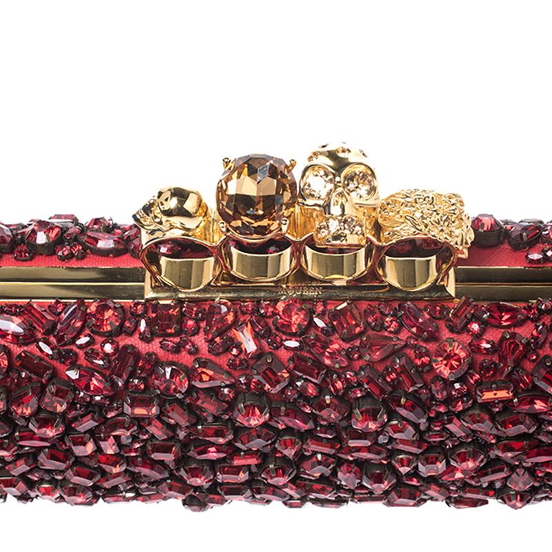 Alexander McQueen Red Crystal Embellished Leather Skull Knuckle Box Clutch 2