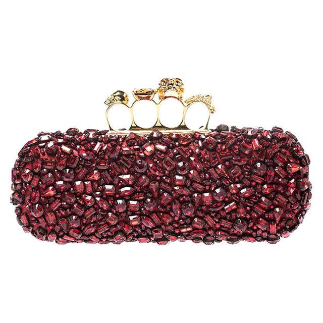 Alexander McQueen Red Crystal Embellished Leather Skull Knuckle Box ...