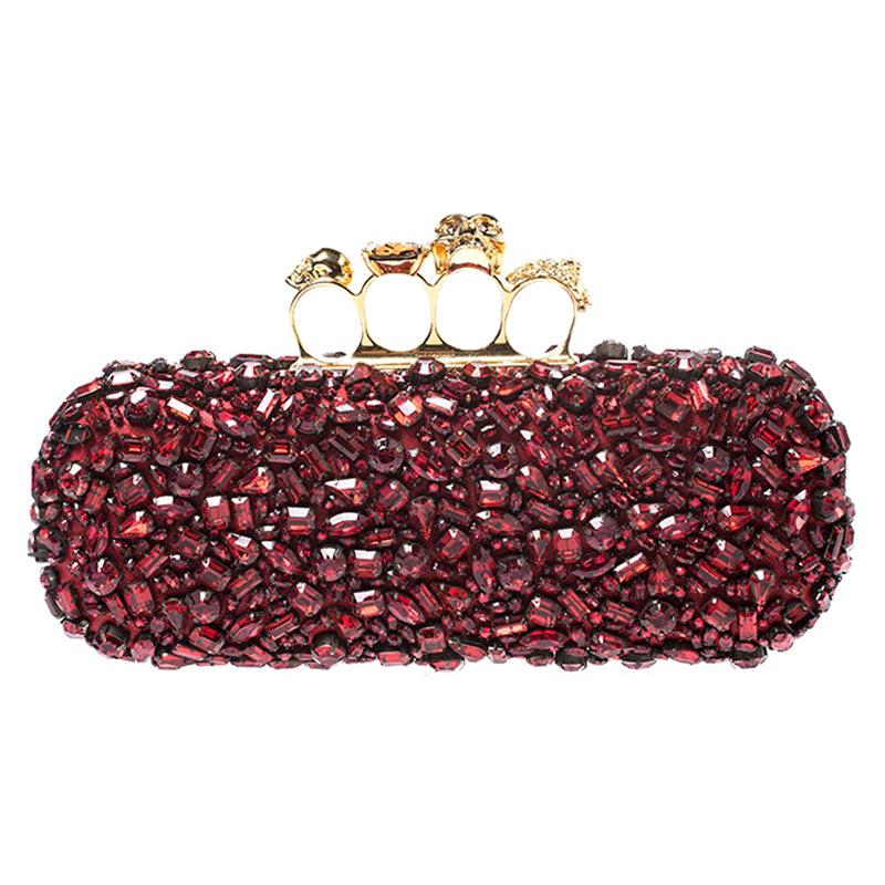 Alexander McQueen Red Crystal Embellished Leather Skull Knuckle Box Clutch