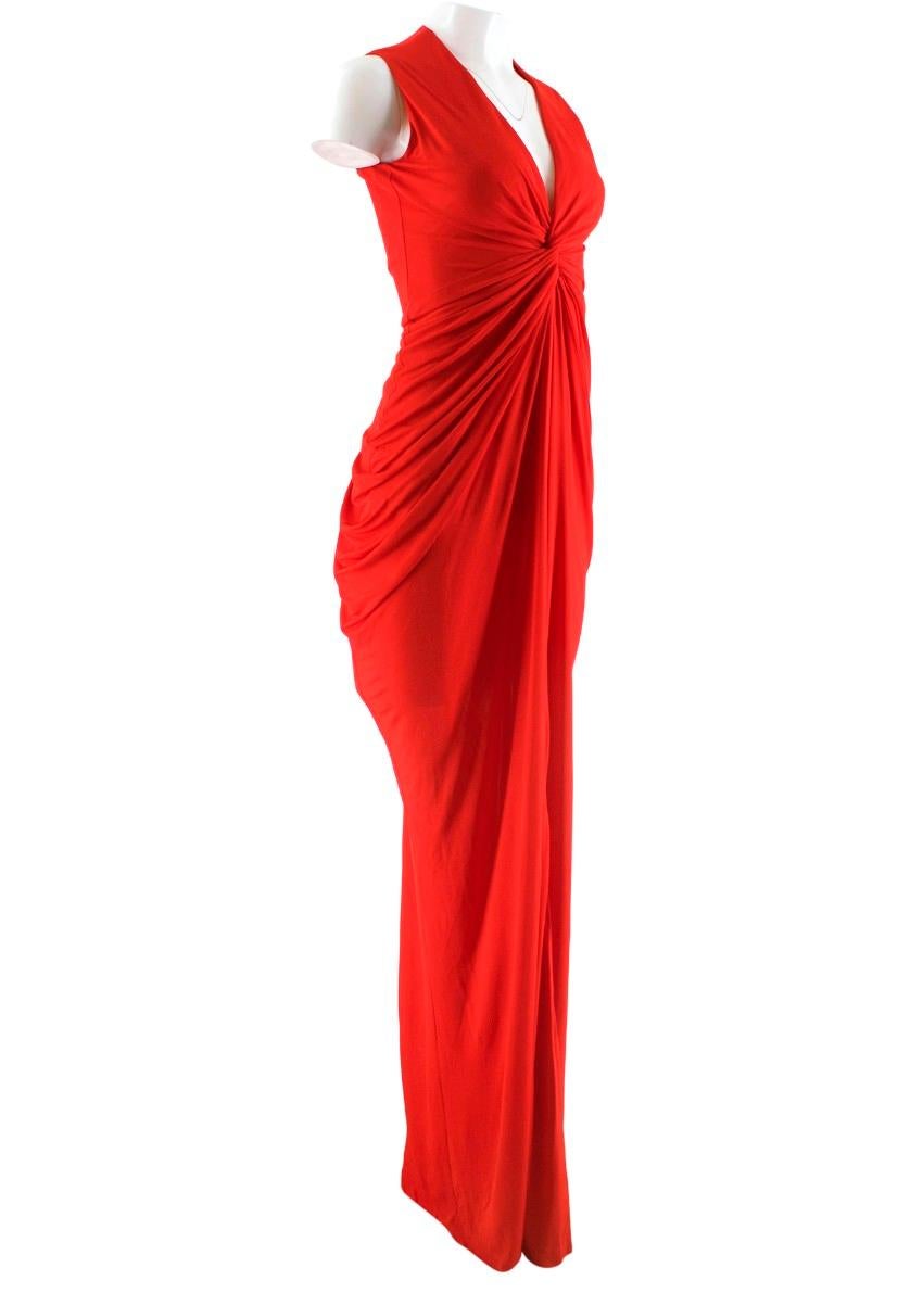 Alexander McQueen elegant long dress featuring a fitted silhouette, sleeveless design and a v-neck. 

- Knot-front crepe-jersey gown
- Draped sides
- Puddle train
- Concealed zip and hook fastening at back
- 100% viscose
Lining: 
- 75% polyamide
-