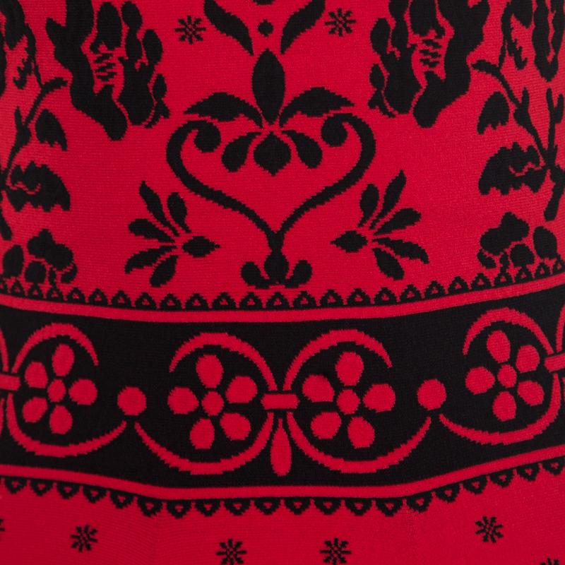Alexander McQueen Red Floral Jacquard Knit Off Shoulder Flared Dress XS 1