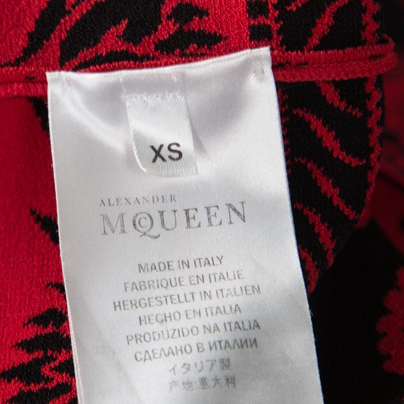 Alexander McQueen Red Floral Jacquard Knit Off Shoulder Flared Dress XS 3