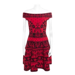 Alexander McQueen Red Floral Jacquard Knit Off Shoulder Flared Dress XS