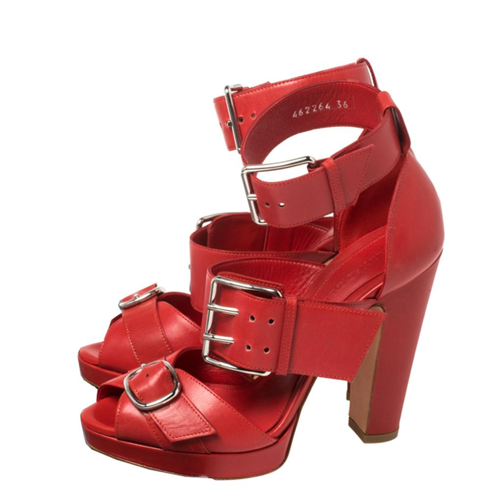 Alexander McQueen Red Leather Buckle Strappy Platform Sandals Size 36 1