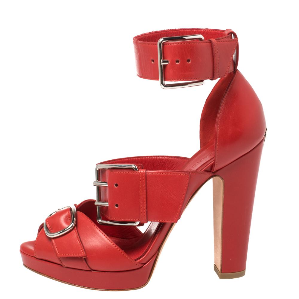 Alexander McQueen Red Leather Buckle Strappy Platform Sandals Size 36 4