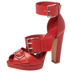 Alexander McQueen Red Leather Buckle Strappy Platform Sandals Size 36