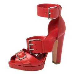 Alexander McQueen Red Leather Buckle Strappy Platform Sandals Size 37.5